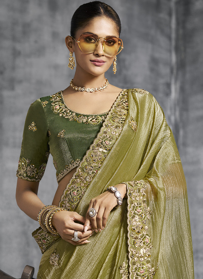 Vegaa Fashion Mehendi Silk Embroidered Wedding Wear Saree