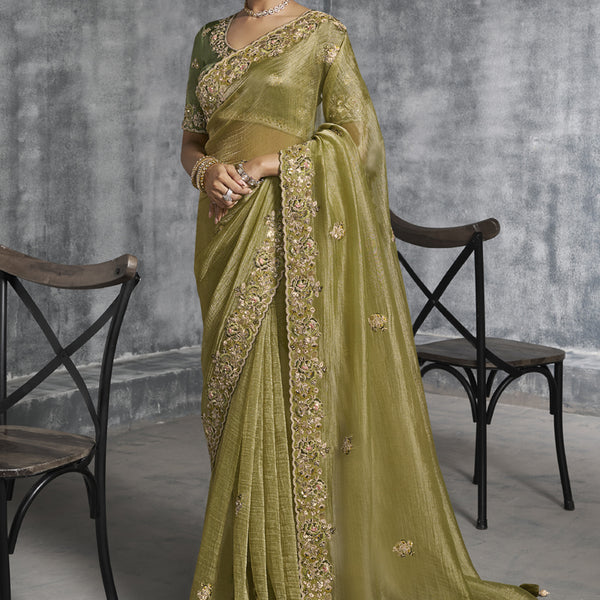 Vegaa Fashion Mehendi Silk Embroidered Wedding Wear Saree