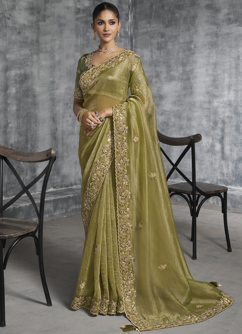 Vegaa Fashion Mehendi Silk Embroidered Wedding Wear Saree - Dista