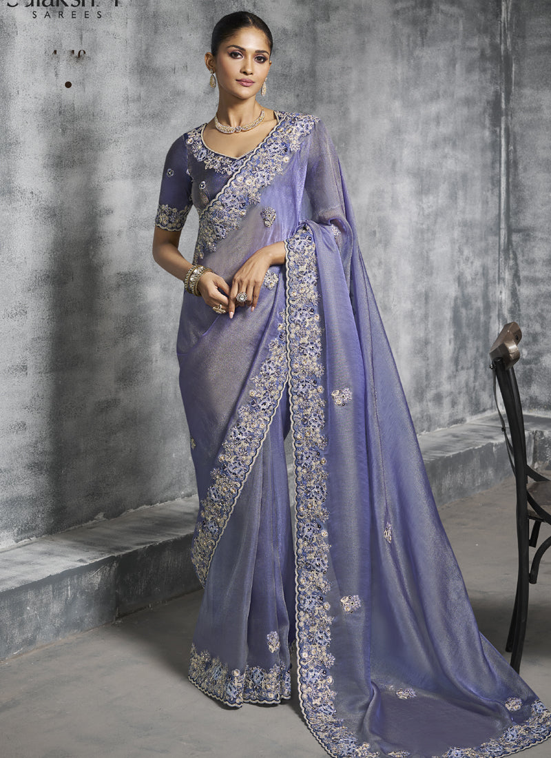 Vegaa Fashion Lavender Silk Embroidered Wedding Wear Saree