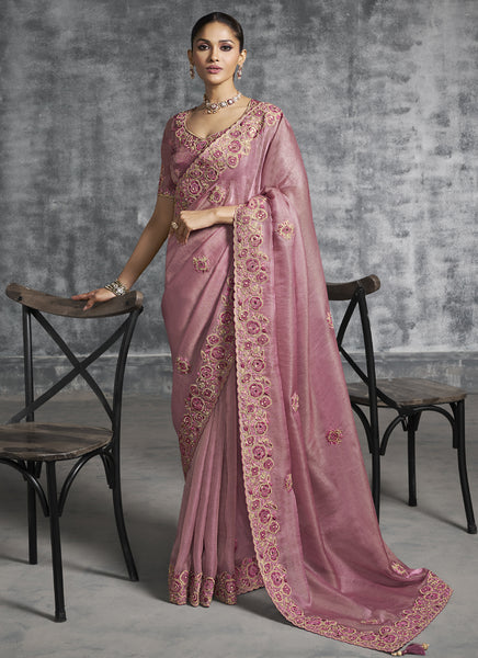 Vegaa Fashion Pink Art Silk Embroidered Wedding Wear Saree