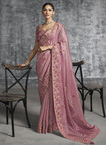 Thumbnail for Vegaa Fashion Peach Silk Embroidered Wedding Wear Saree