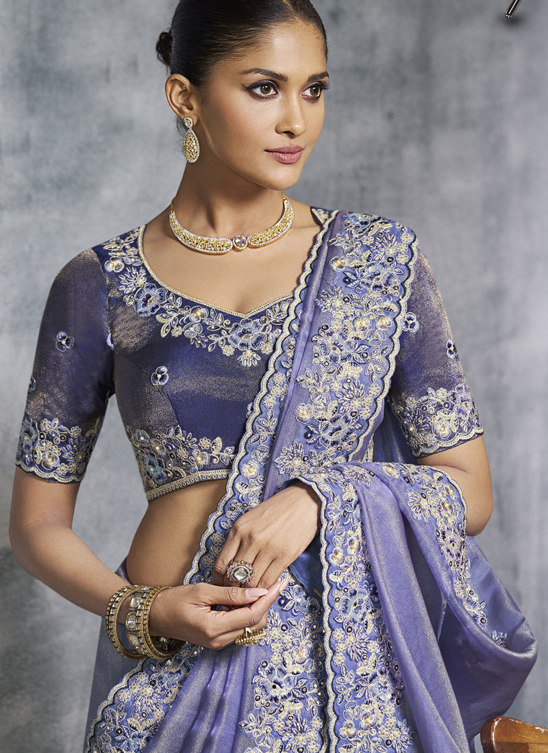 Vegaa Fashion Lavender Silk Embroidered Wedding Wear Saree