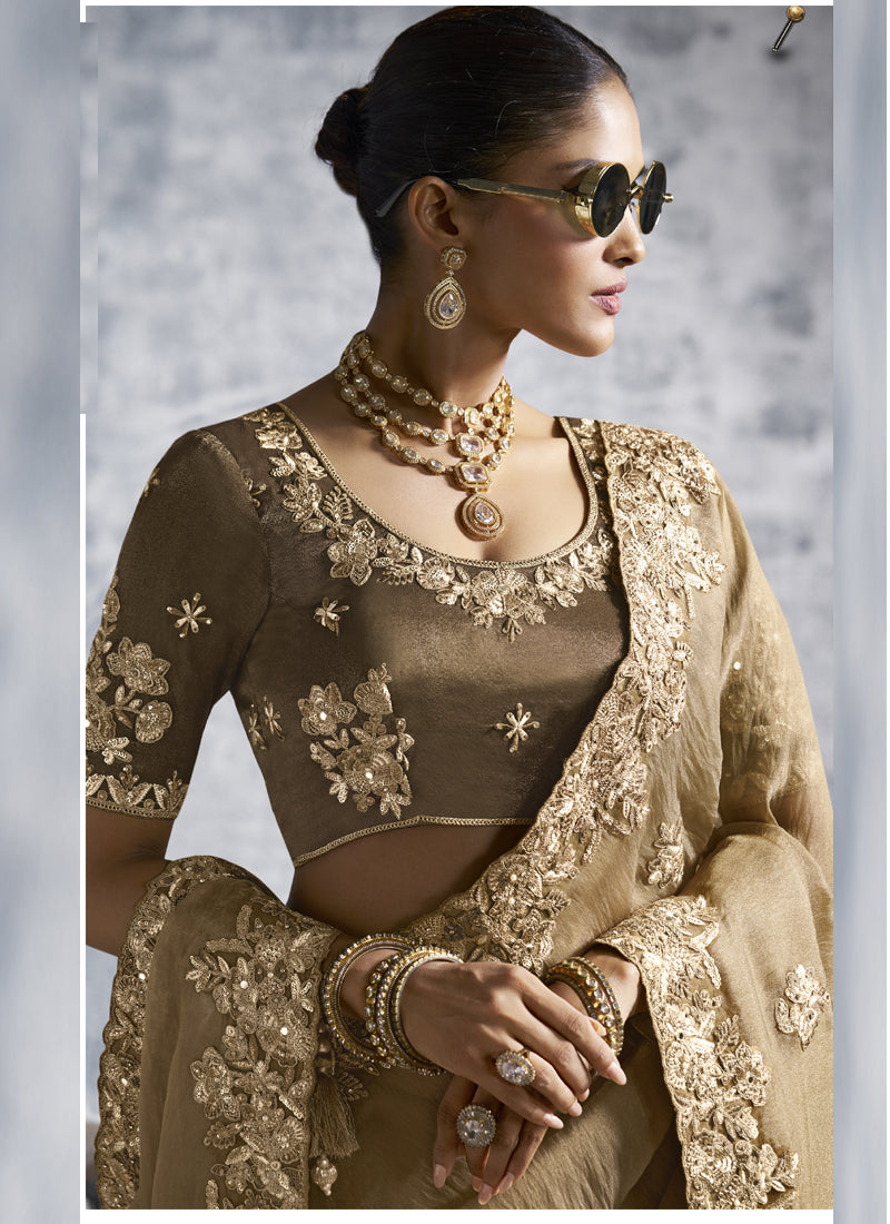 Vegaa Fashion Beige Silk Embroidered Wedding Wear Saree