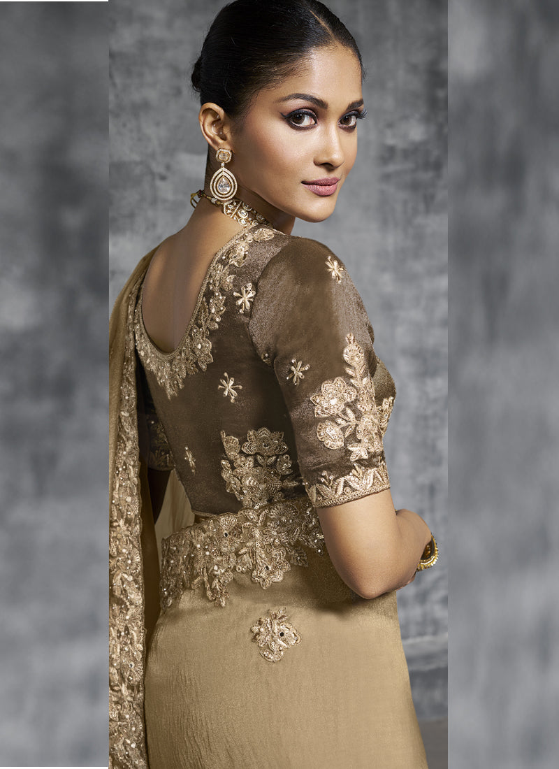 Vegaa Fashion Beige Silk Embroidered Wedding Wear Saree