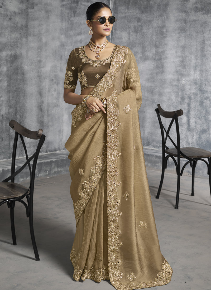 Vegaa Fashion Beige Silk Embroidered Wedding Wear Saree