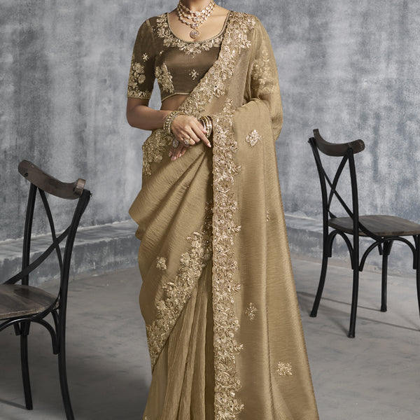 Vegaa Fashion Beige Silk Embroidered Wedding Wear Saree