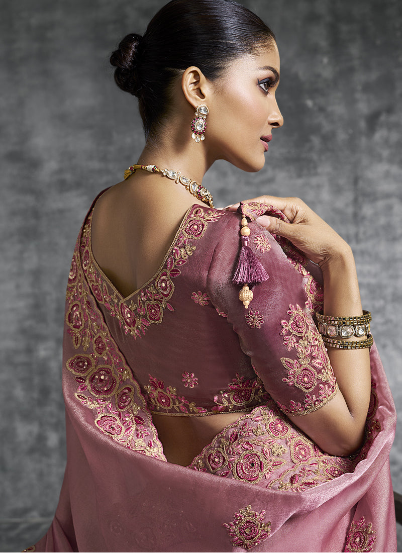 Vegaa Fashion Pink Art Silk Embroidered Wedding Wear Saree