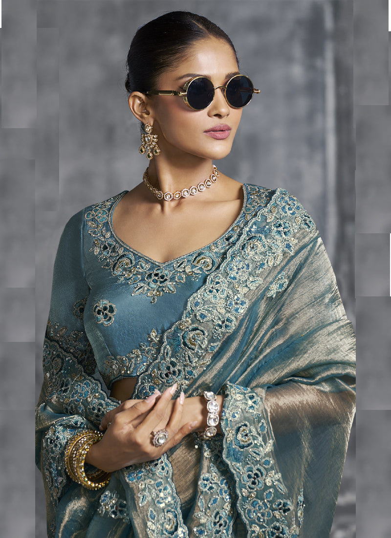 Vegaa Fashion Turquoise Silk Embroidered Wedding Wear Saree