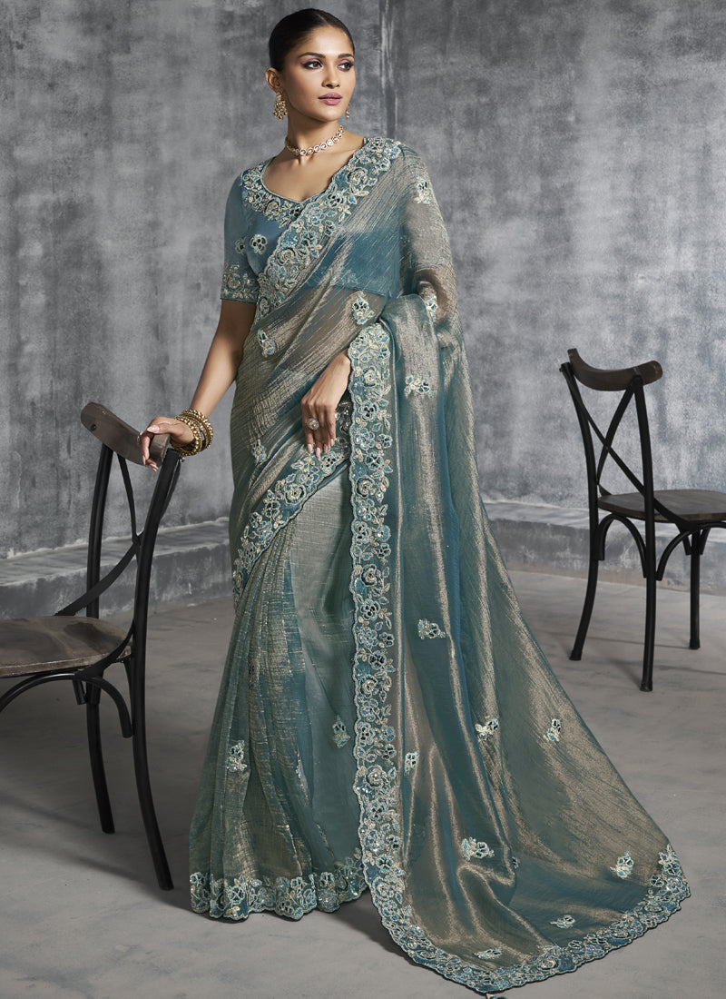 Vegaa Fashion Turquoise Silk Embroidered Wedding Wear Saree
