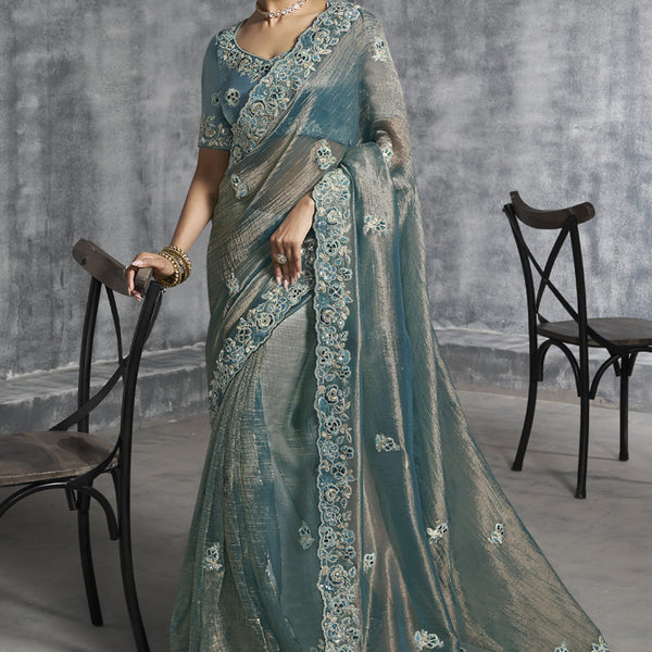 Vegaa Fashion Turquoise Silk Embroidered Wedding Wear Saree