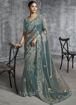 Thumbnail for Vegaa Fashion Turquoise Silk Embroidered Wedding Wear Saree