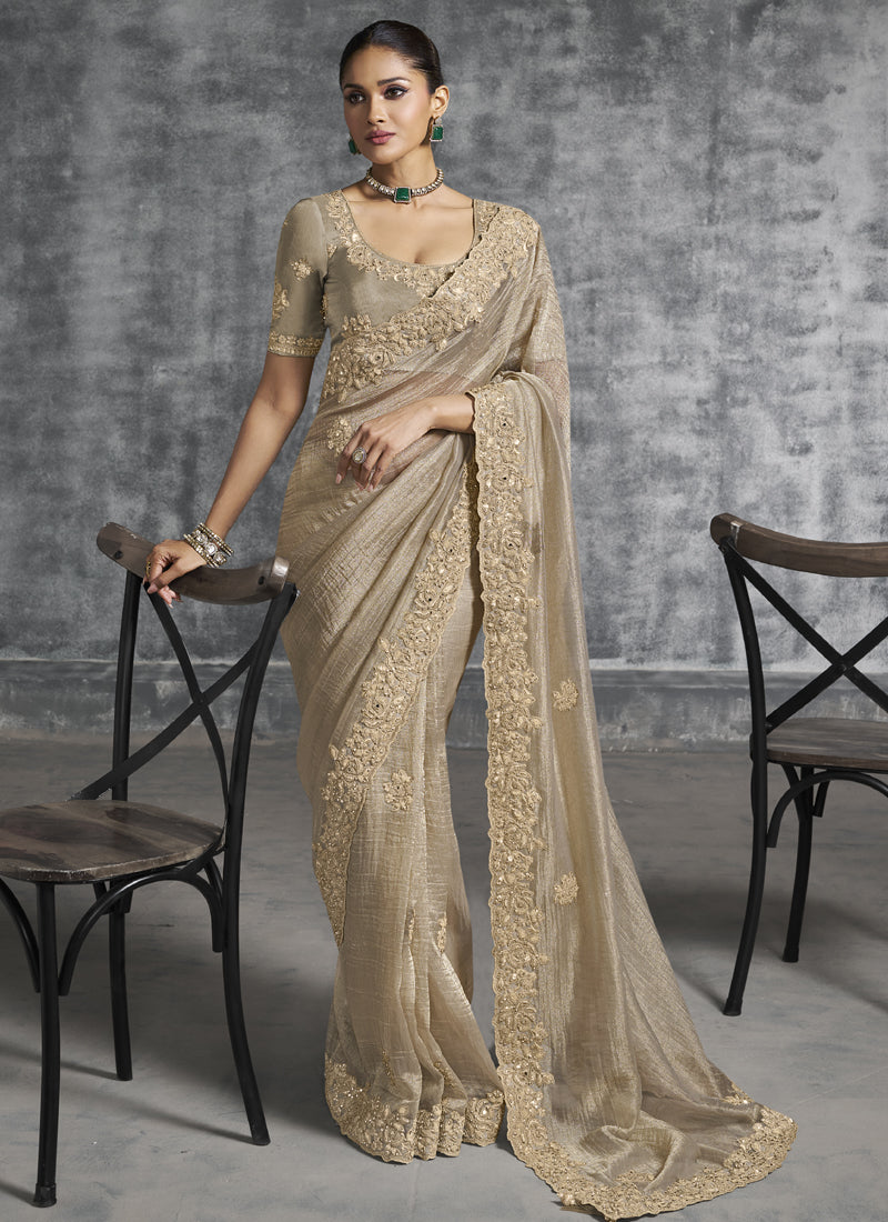 Vegaa Fashion Beige Art Silk Embroidered Wedding Wear Saree - Dista