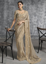 Thumbnail for Vegaa Fashion Beige Art Silk Embroidered Wedding Wear Saree