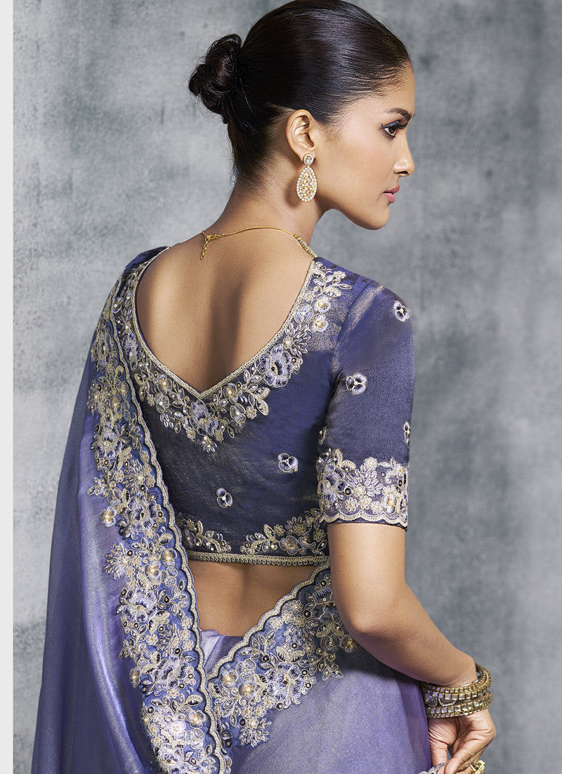 Vegaa Fashion Lavender Silk Embroidered Wedding Wear Saree
