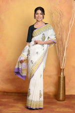 Thumbnail for Very Much Indian Handblock Printed Cotton Saree With Natural Dyes - White - Distacart