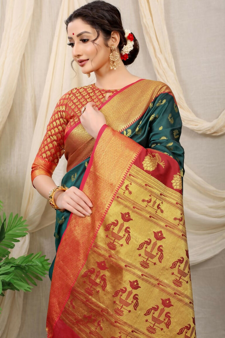 Jyoti Fashion Women's Bottle Green Banarasi Silk Zari Woven Saree with Blouse - Distacart