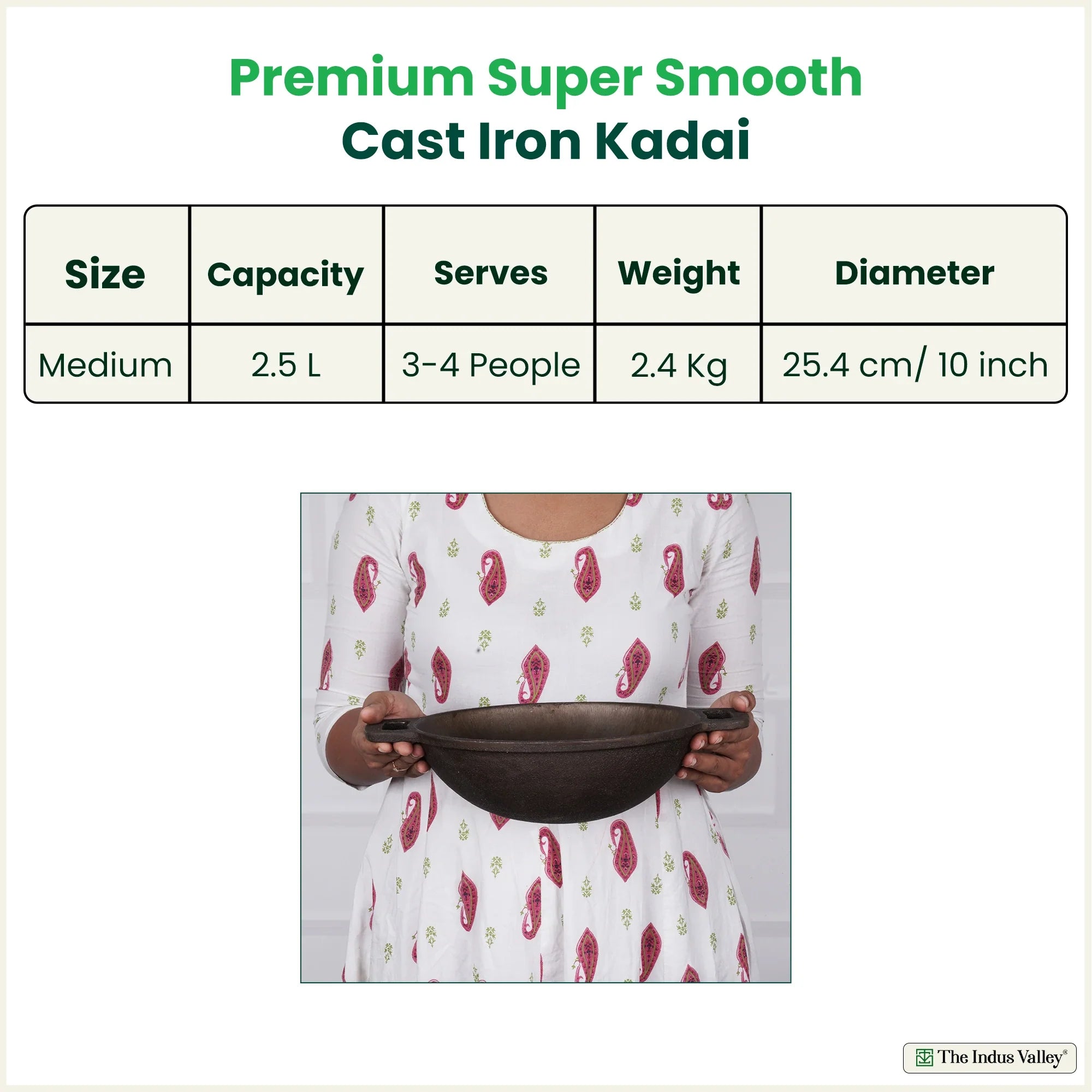 The Indus Valley Super Smooth Cast Iron Kadai,Pre-seasoned, Nonstick, 100% Pure, Toxin-free, Spatula, 25.4cm, 2.5L, 2.4kg