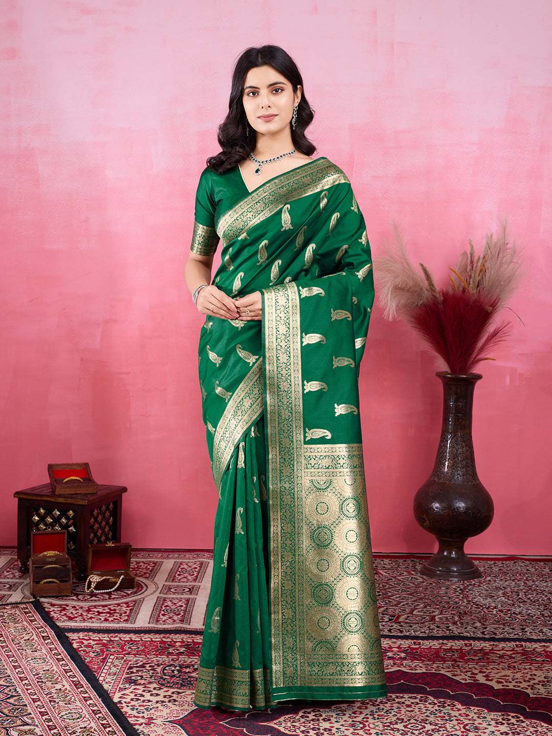 Vedant Vastram Banarasi Silk Fashion Saree - Green - Distacart
