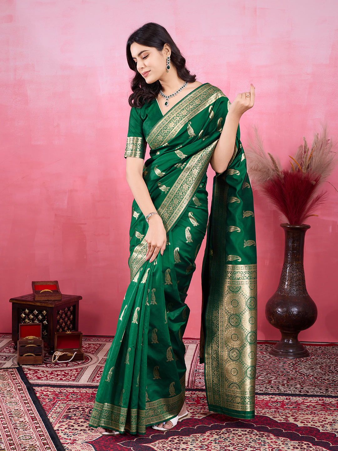 Vedant Vastram Banarasi Silk Fashion Saree - Green - Distacart