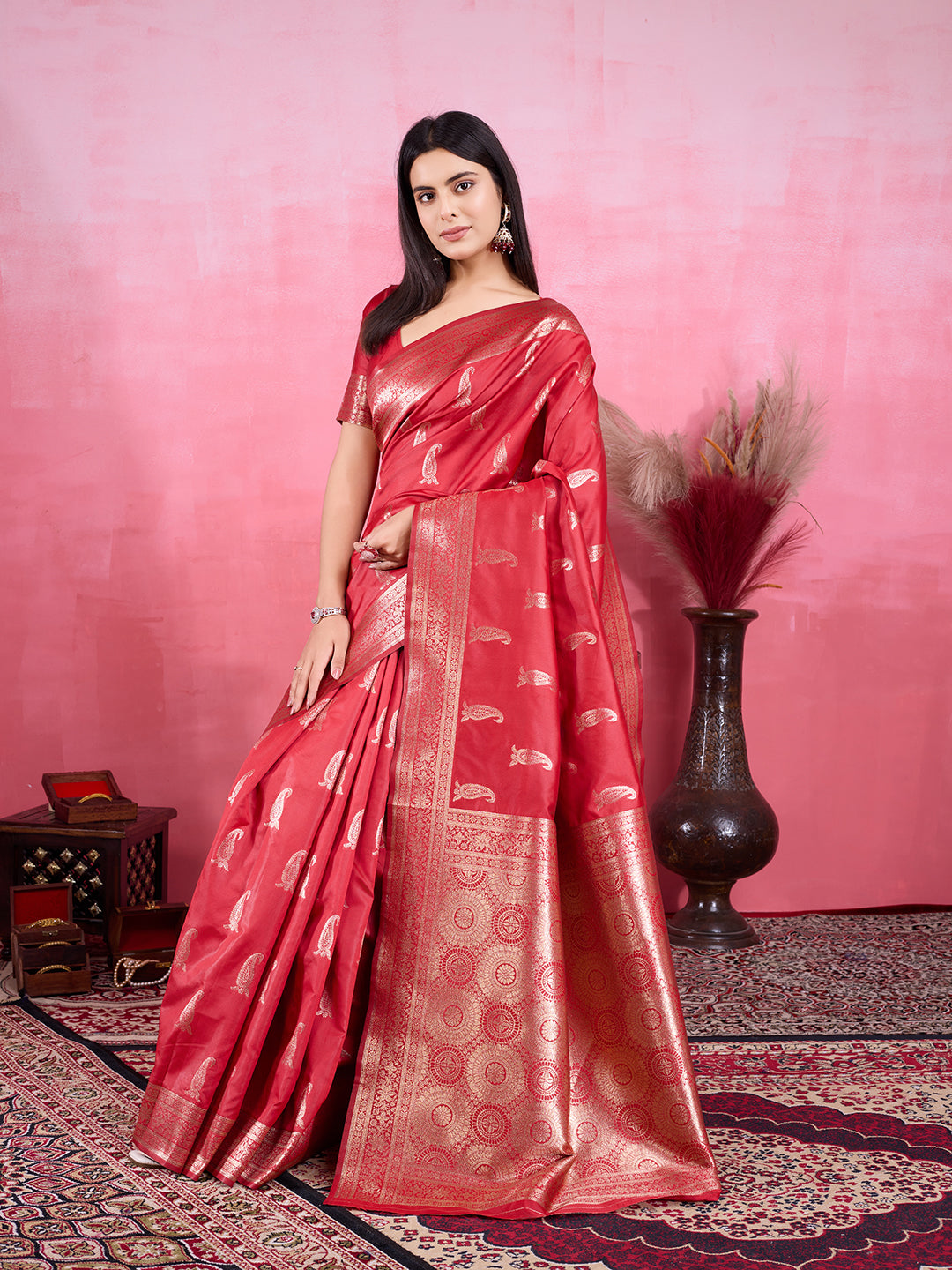 Vedant Vastram Banarasi Silk Fashion Saree - Red - Distacart