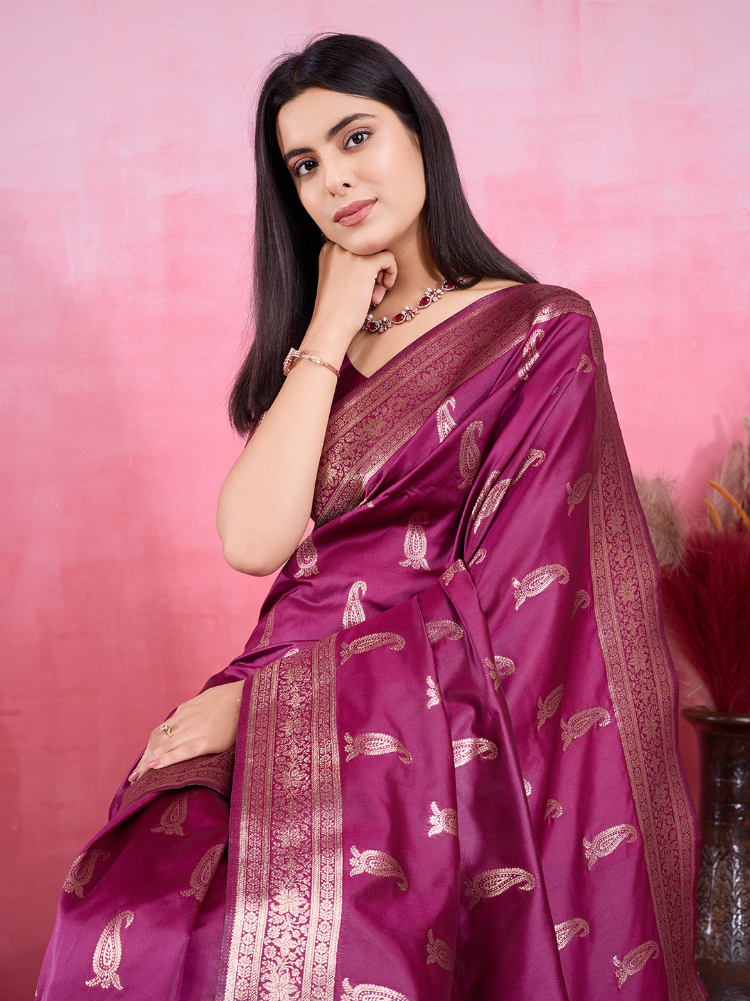 Vedant Vastram Banarasi Silk Fashion Saree - Wine - Distacart