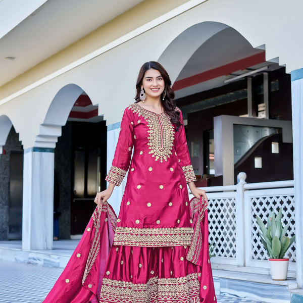 Teeya Creation Pink Color Chinon Silk Heavy Embroidery Work Wedding Wear Sharara - Distacart