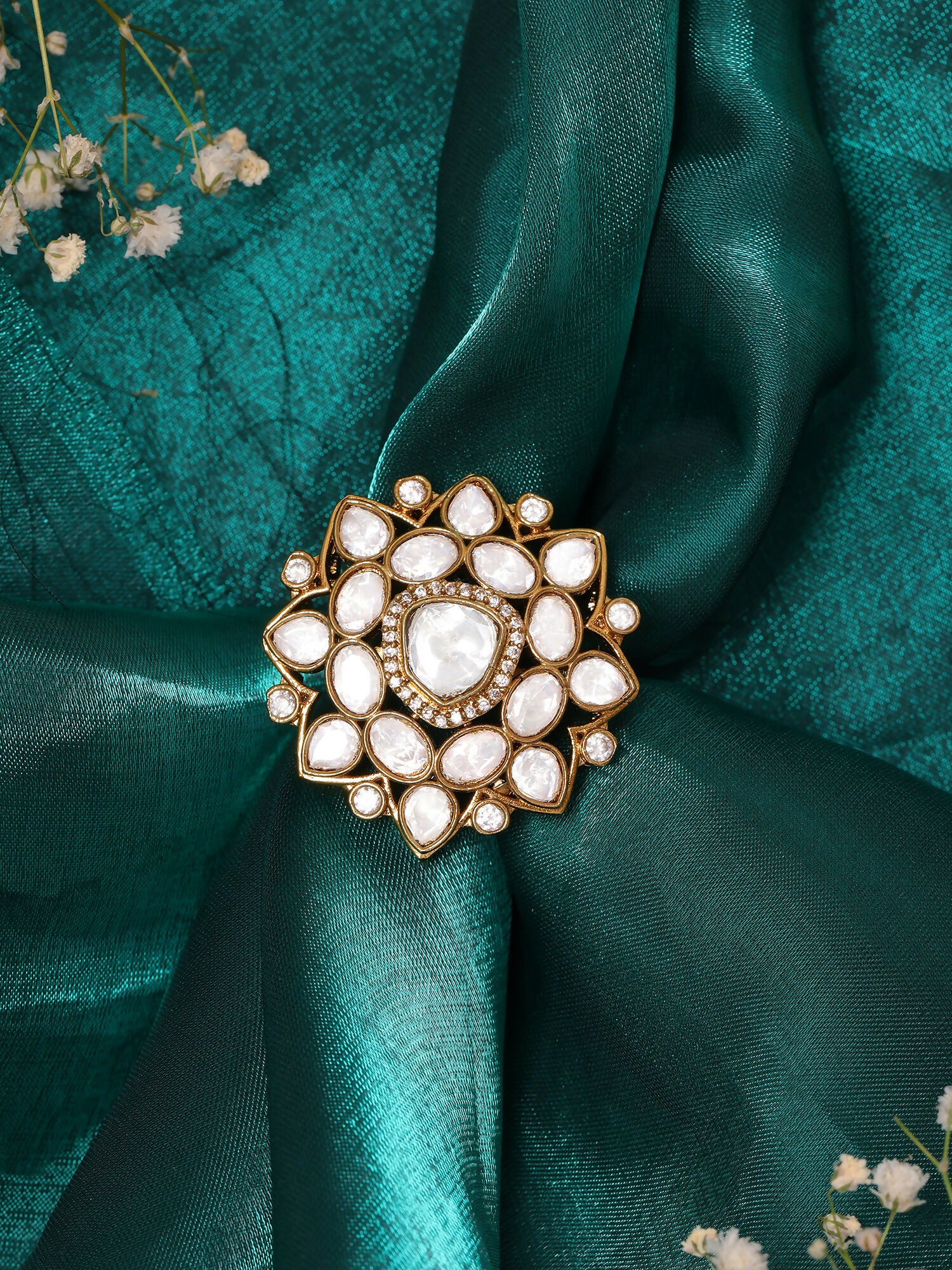 Ruby Raang Traditional Gold Polished White Kundan Ring