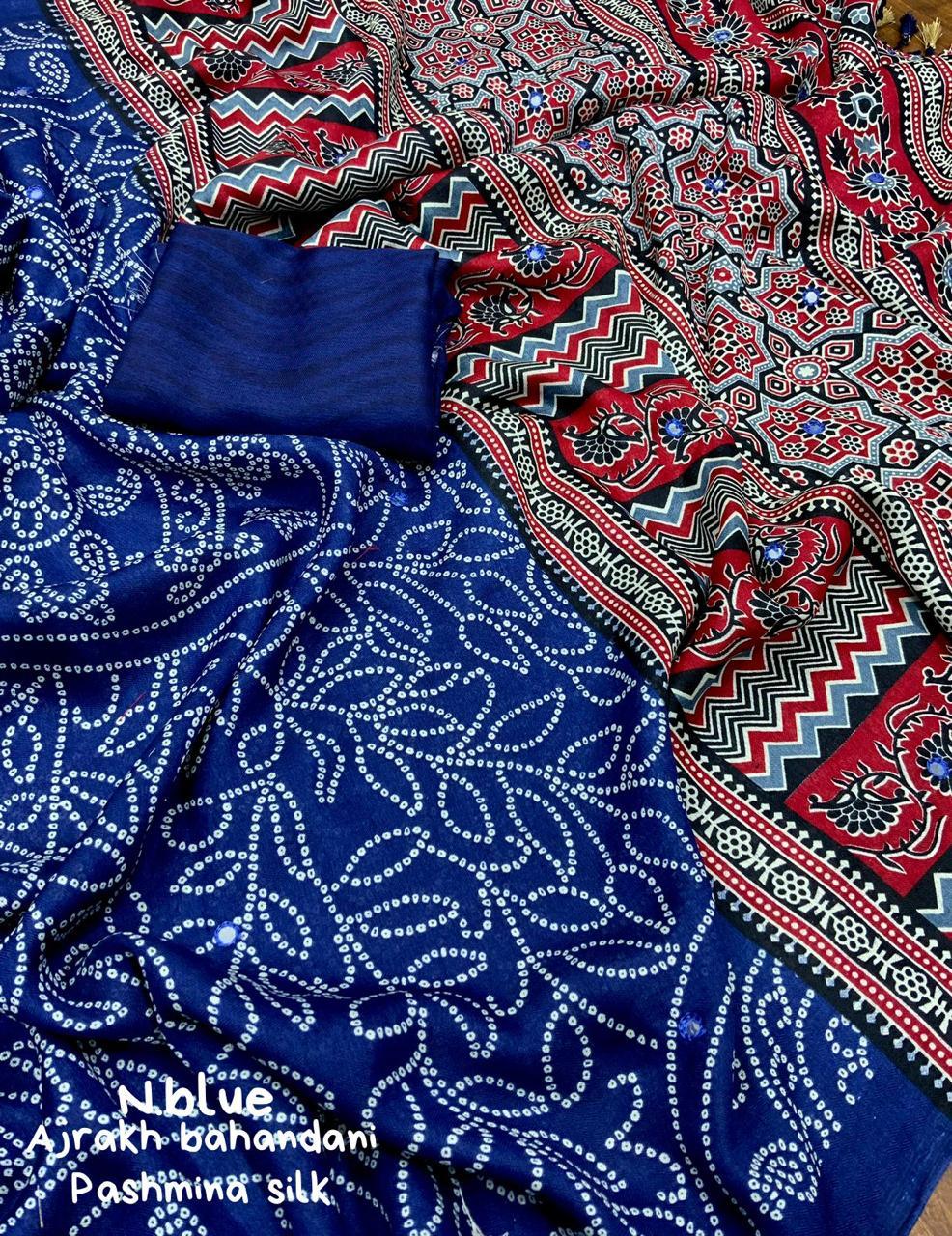 Blue Silk Blend Ajrak Saree with Unstitched Blouse - Hiral Fashion - Distacart