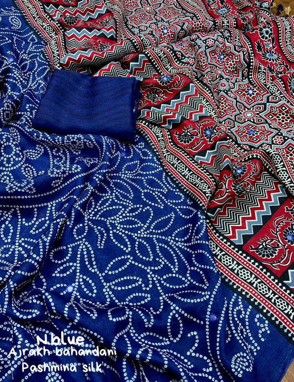 Blue Silk Blend Ajrak Saree with Unstitched Blouse - Hiral Fashion - Distacart