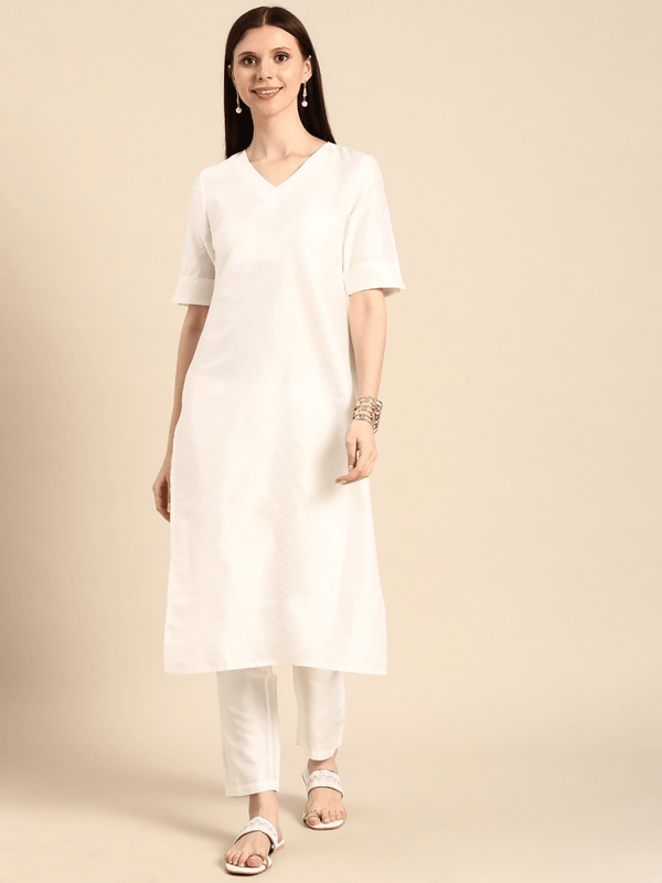 Anouk Women White Solid V-Neck Straight Kurta with Trousers - Distacart