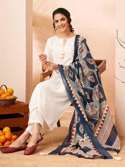 Janasya Off White Straight Rayon Kurta,Bottom & Dupatta - Dista