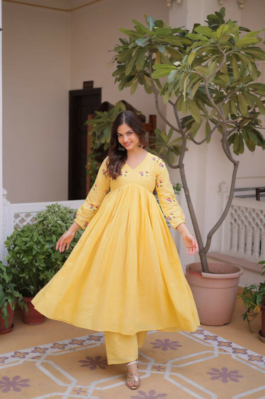 Teeya Creation Womens New Summer Wear Cotton Fabric With Embroidered Work Gown Set - Dista