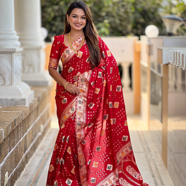 Vedant Vastram Soft Dola Silk Fancy Jacquard Bollywood Saree - Red - Dista
