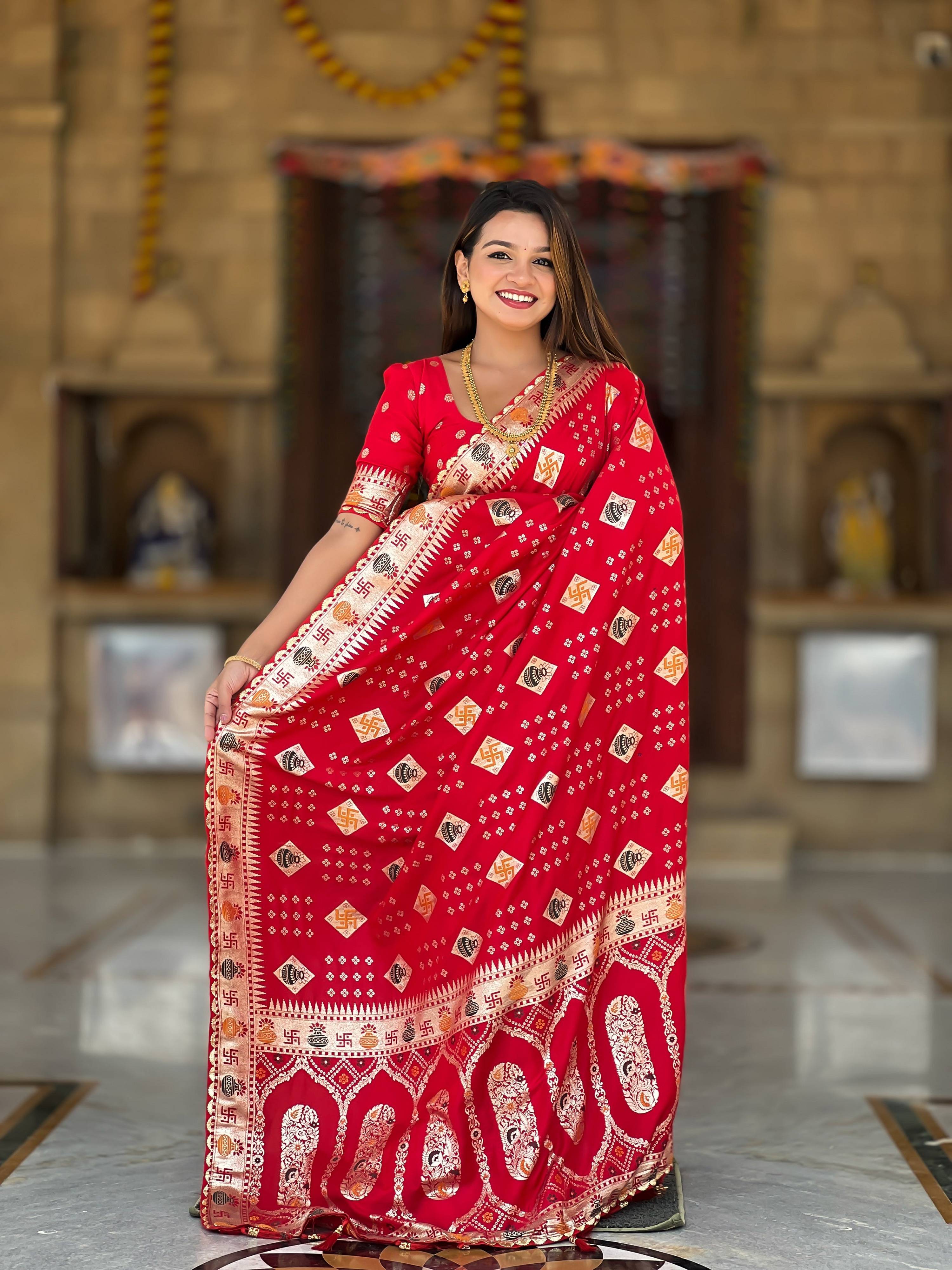 Vedant Vastram Soft Dola Silk Fancy Jacquard Bollywood Saree - Red - Dista