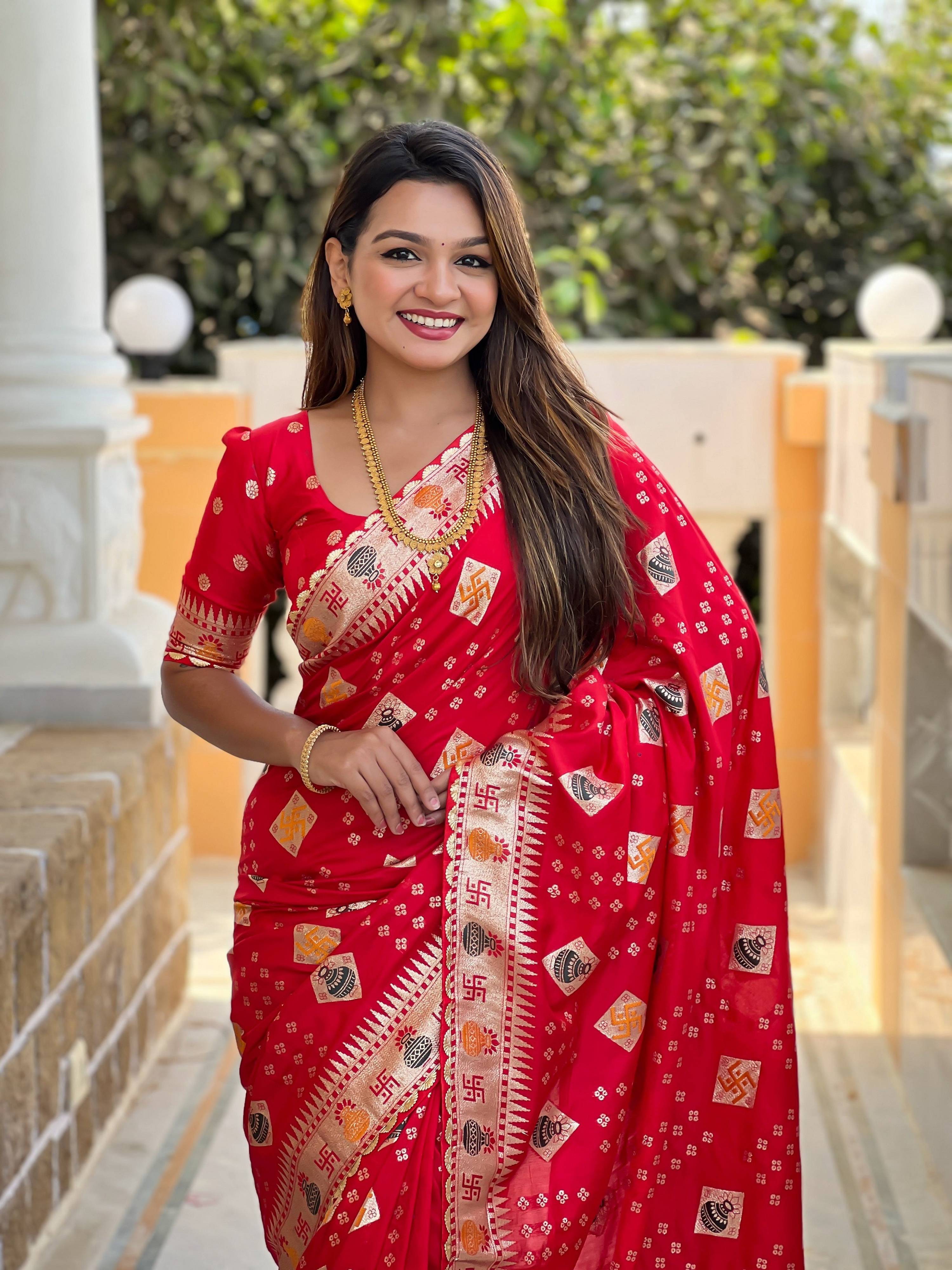 Vedant Vastram Soft Dola Silk Fancy Jacquard Bollywood Saree - Red - Dista
