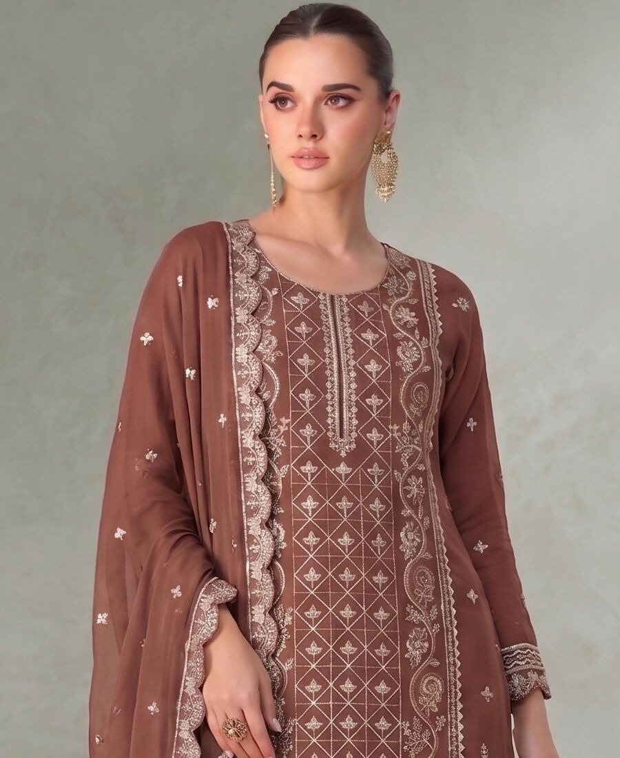 KC Peach Pakistani Straight Suit For Women Chiffon - Dista