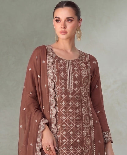 KC Peach Pakistani Straight Suit For Women Chiffon - Dista