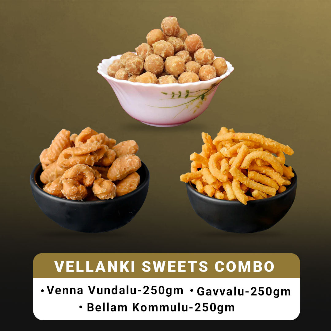 Vellanki Foods Andhra Sweets Combo (250 gm Each) - Venna Vundalu, Gavvalu, Bellam Kommulu - Distacart