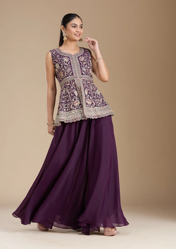 Teeya Creation WIne Color Star Georgette Party Wear Designer Peplum Sharara Set - Distacart