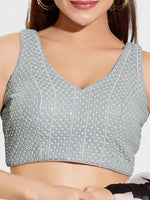 Thumbnail for Joban Fashion Grey Sequence Padded Blouse With V Neck Sleeveless