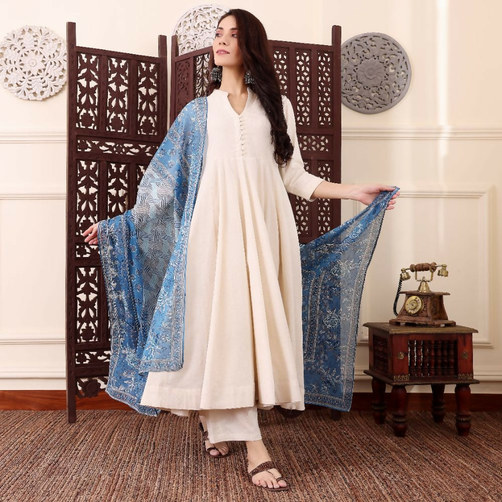 The52 Women's Beautiful Solid Chanderi Silk Fabric Flared Anarkali Pant and Dupatta Set - Dista