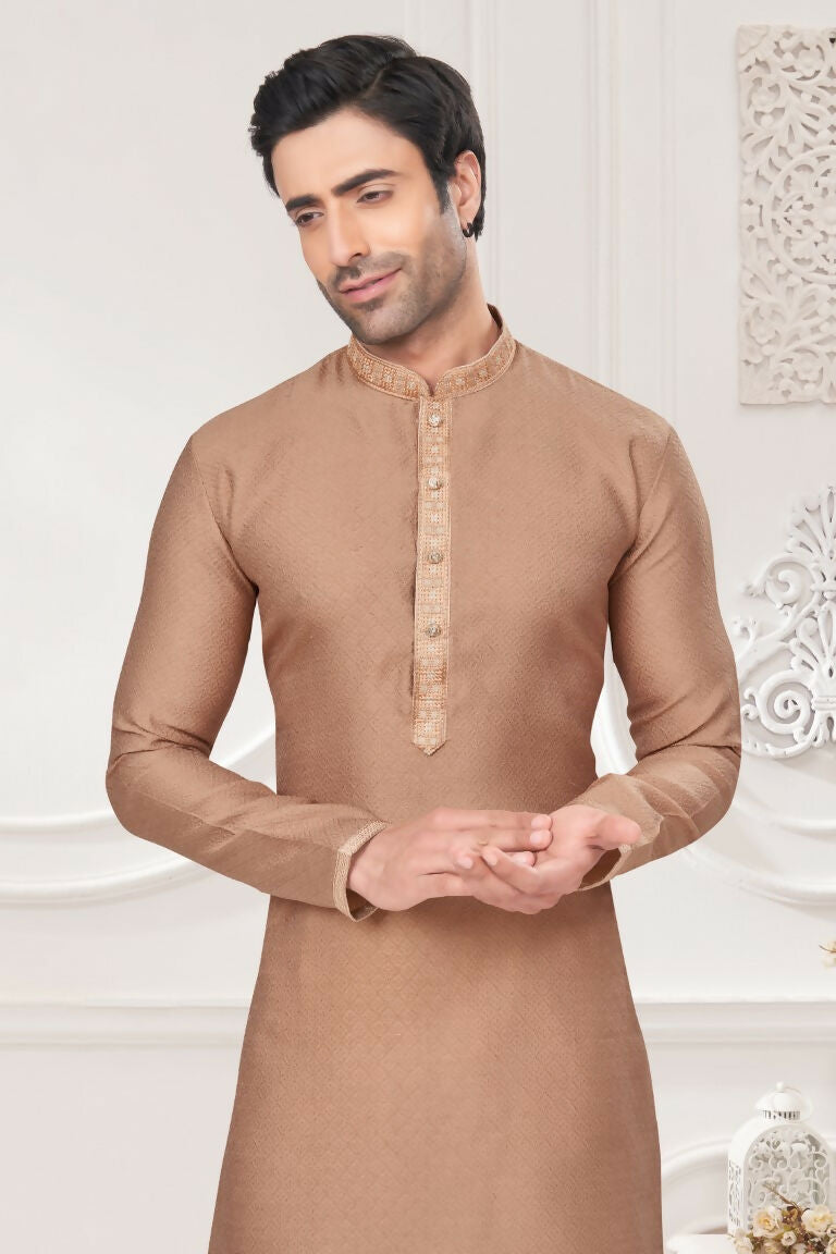 Functional Designer Men's Cream Jacquard Kurta With Pant - Rudra - Distacart