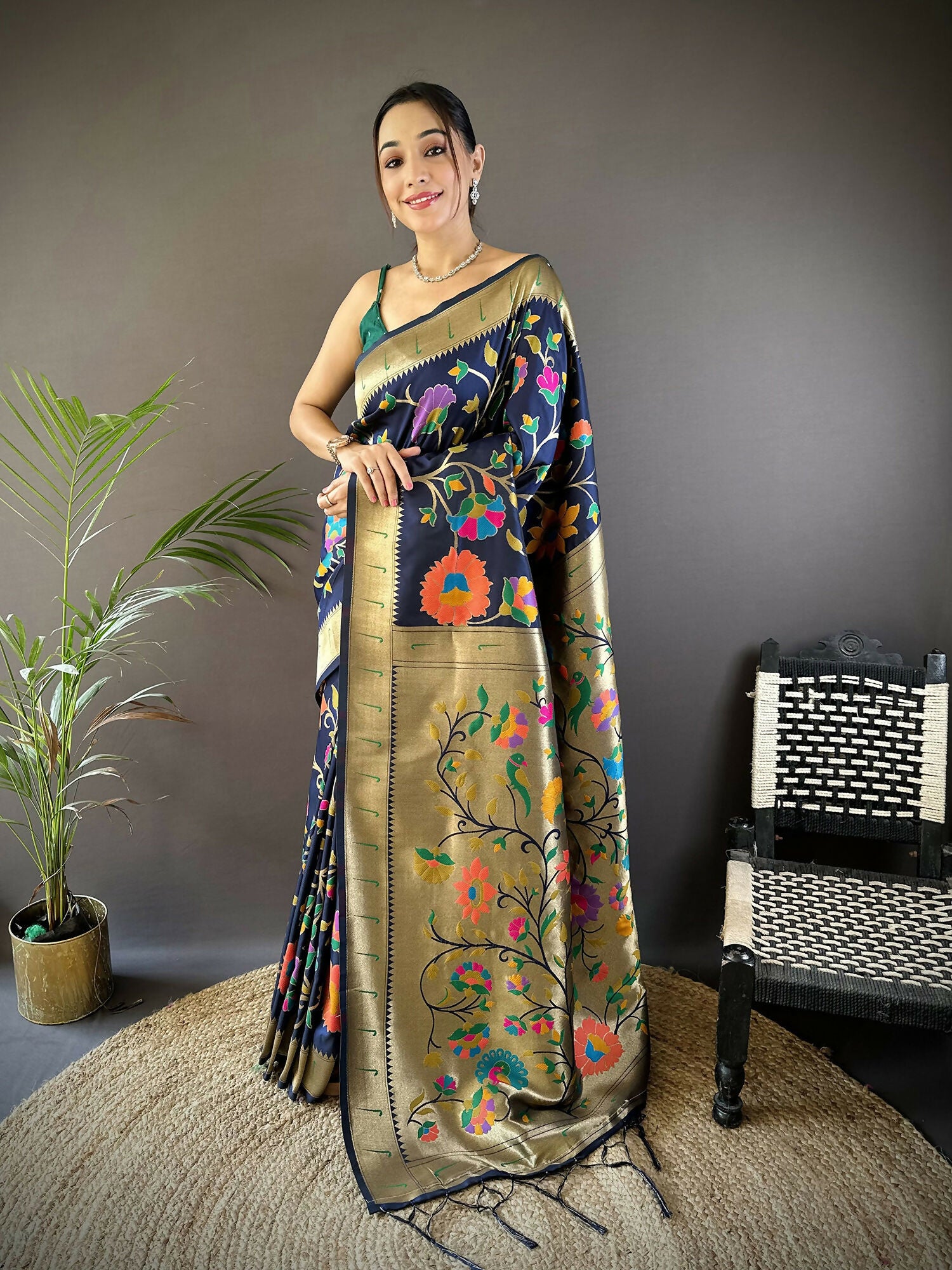 Joban Fashion Navy Blue Zari Woven Floral Motifs Soft Silk Paithani Silk Saree
