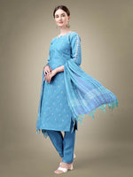 Thumbnail for Jyoti Fashion Women's Sky Blue Cotton Blend Embroidery & Sequence work Kurta with Trouser & Dupatta - Distacart