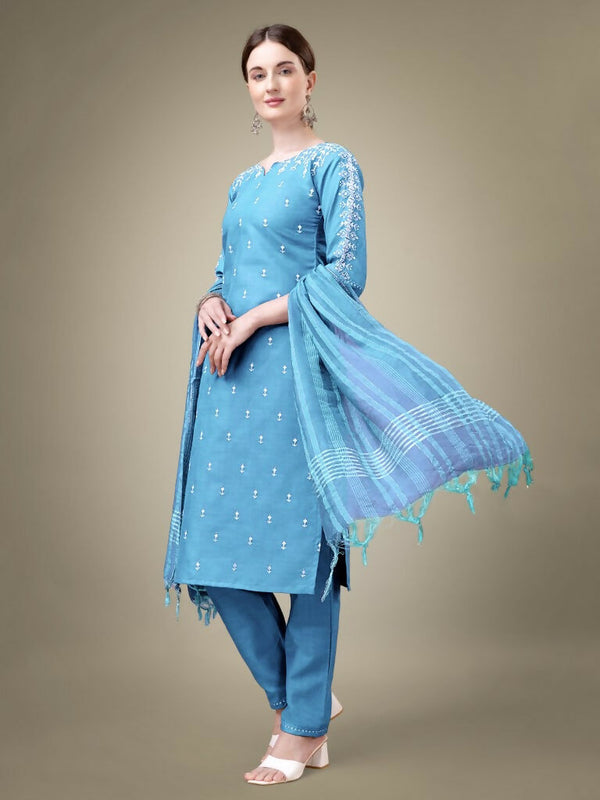 Jyoti Fashion Women's Sky Blue Cotton Blend Embroidery & Sequence work Kurta with Trouser & Dupatta - Distacart