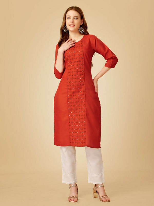 Jyoti Fashion Women's Rust Cotton Blend Embroidered Kurta Pant Set - Distacart