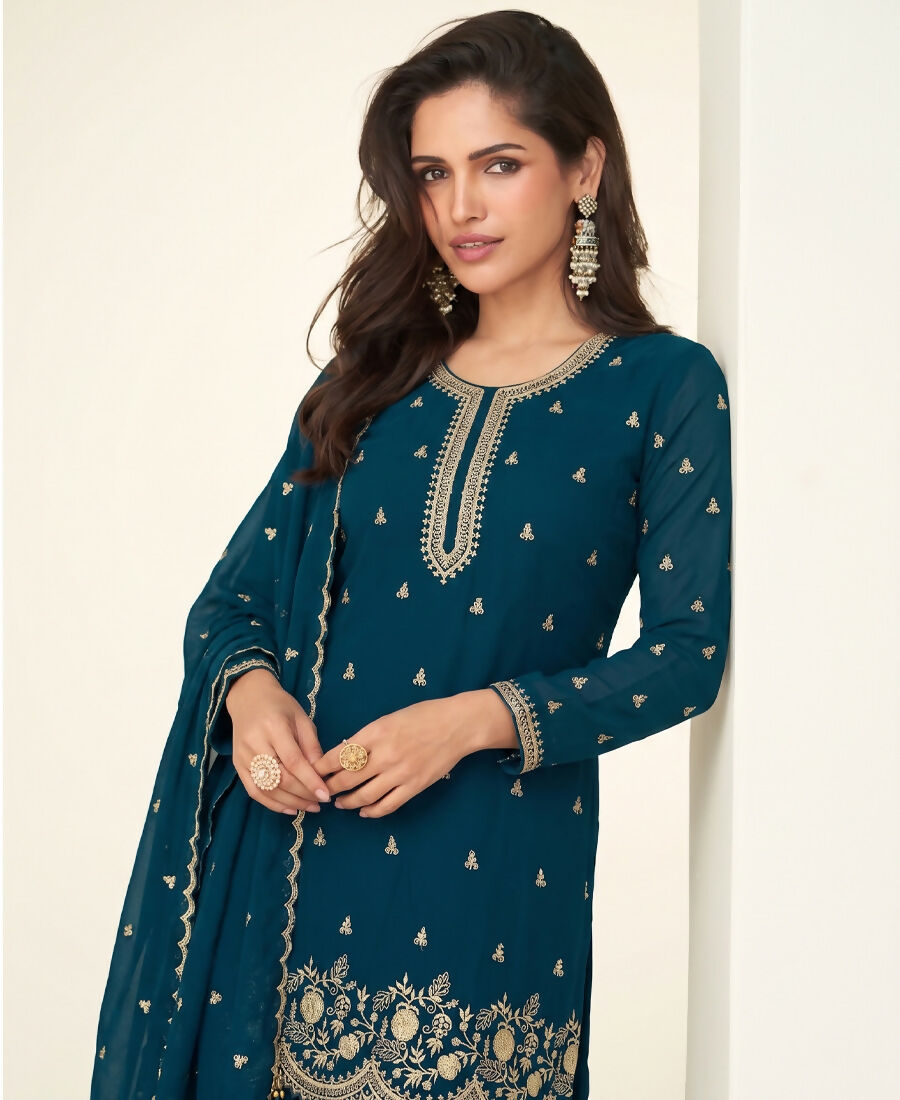 KC Bollywood Style Teal Blue Georgette Suit For Women - Dista