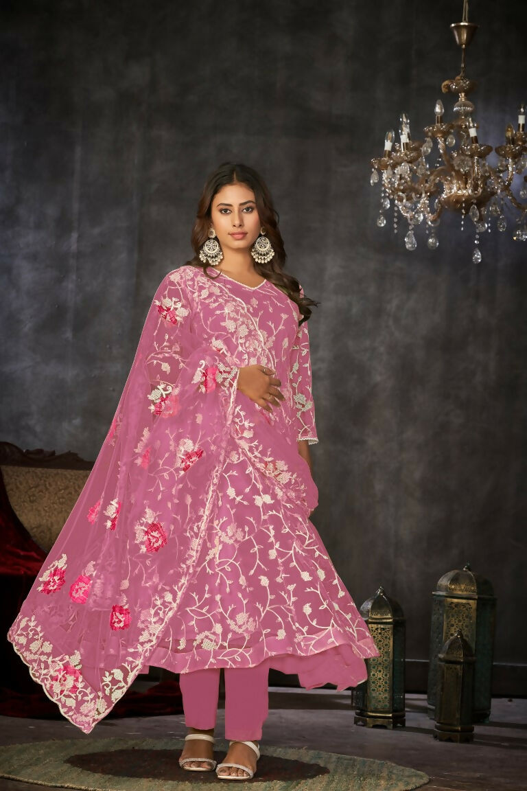 Jyoti Fashion Women's Pink Net Embroidered Anarkali Kurta Pant Set With Dupatta - Distacart