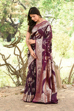 Thumbnail for Joban Fashion Wine Banarasi Soft Pure Handloom Banarasi Silk Saree